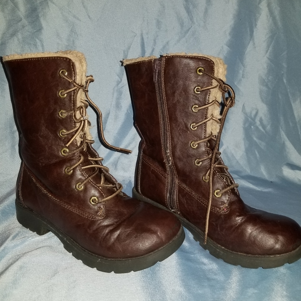 Girls Brown Fluffy Combat Boots